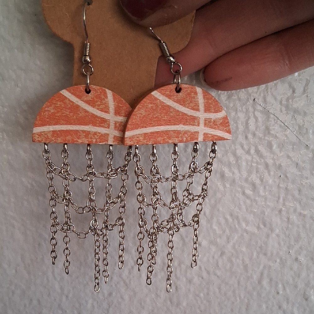 Basketball Hoop Earrings with Silver Chains 2 Pairs